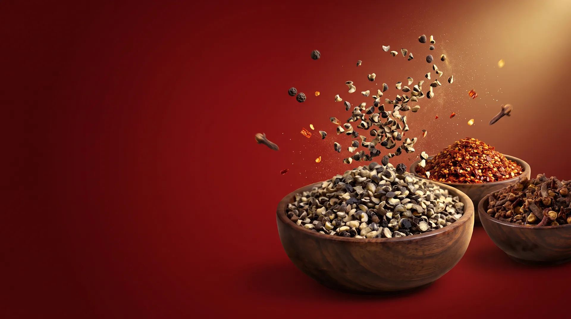 Moti Brand kali mirch daal bursting from a wooden bowl, with red chilli and laung