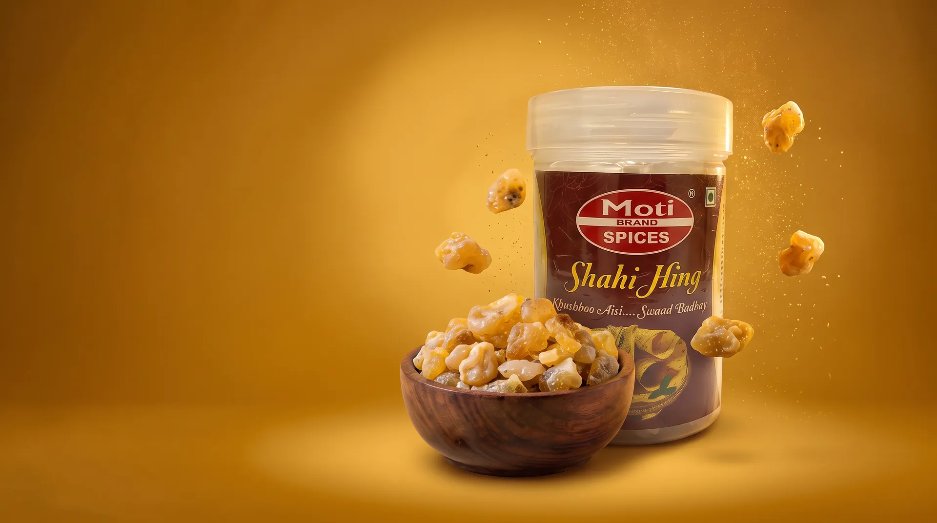 Moti Shahi Hing jar with raw hing lumps