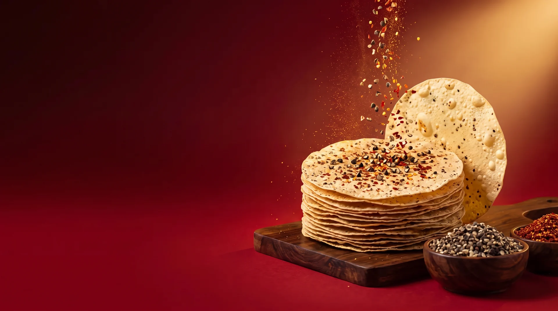 A stack of Bikaneri masala papad with kali mirch daal and red chilli