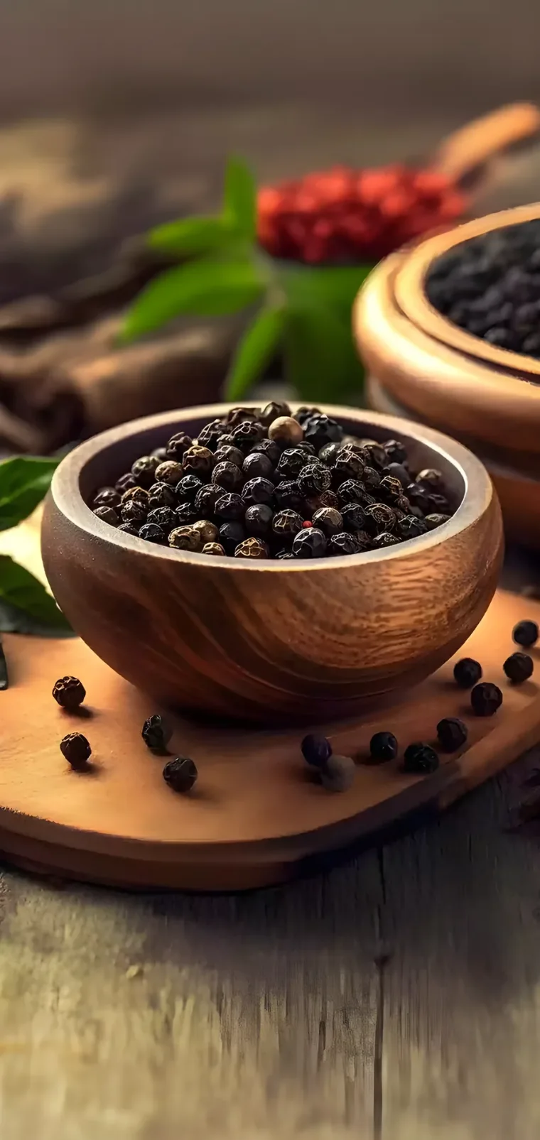 Black pepper in a wooden bowl